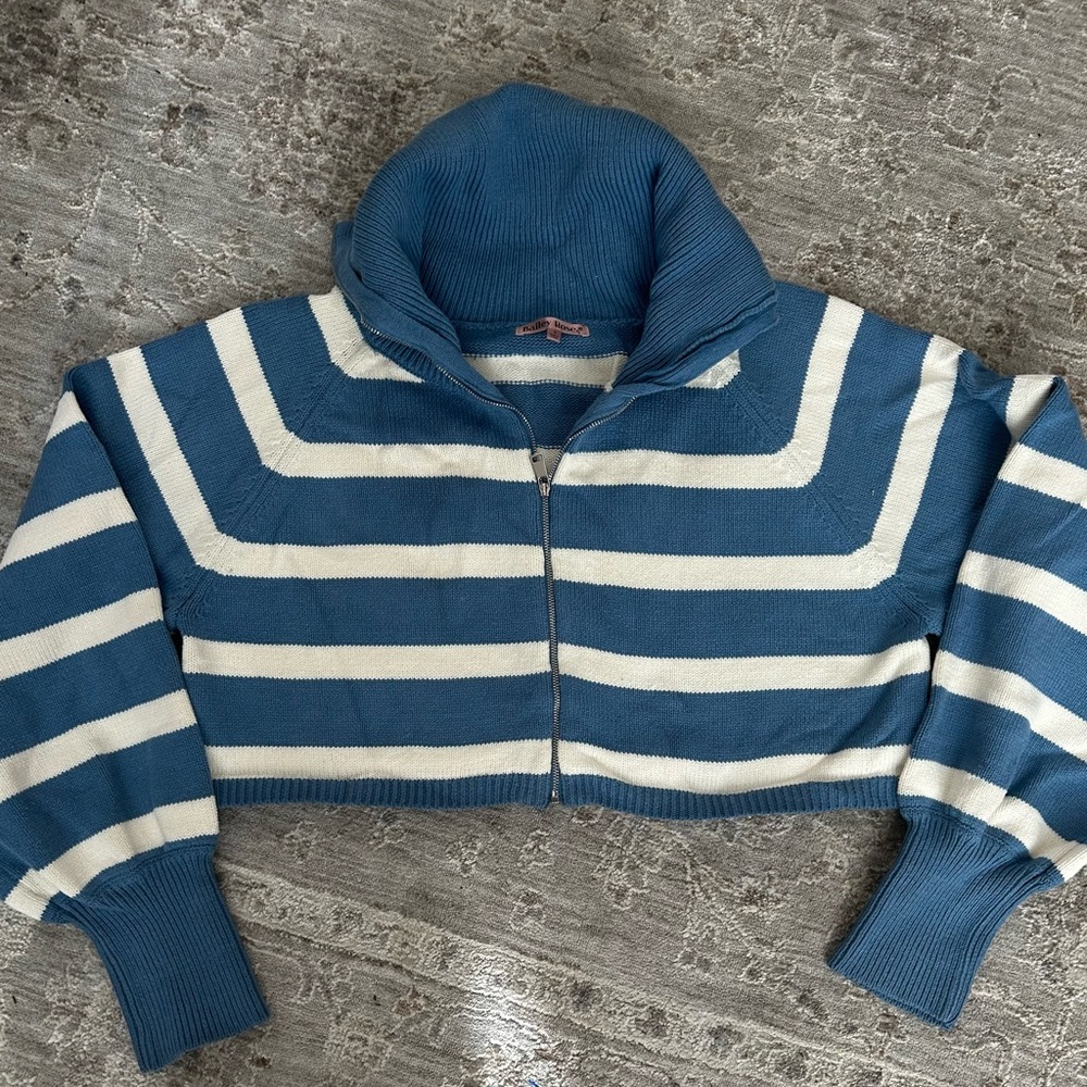 BAILEY ROSE Sweater S Zip Front Knit Oversized Boxy Cropped Sailor Collar Neck